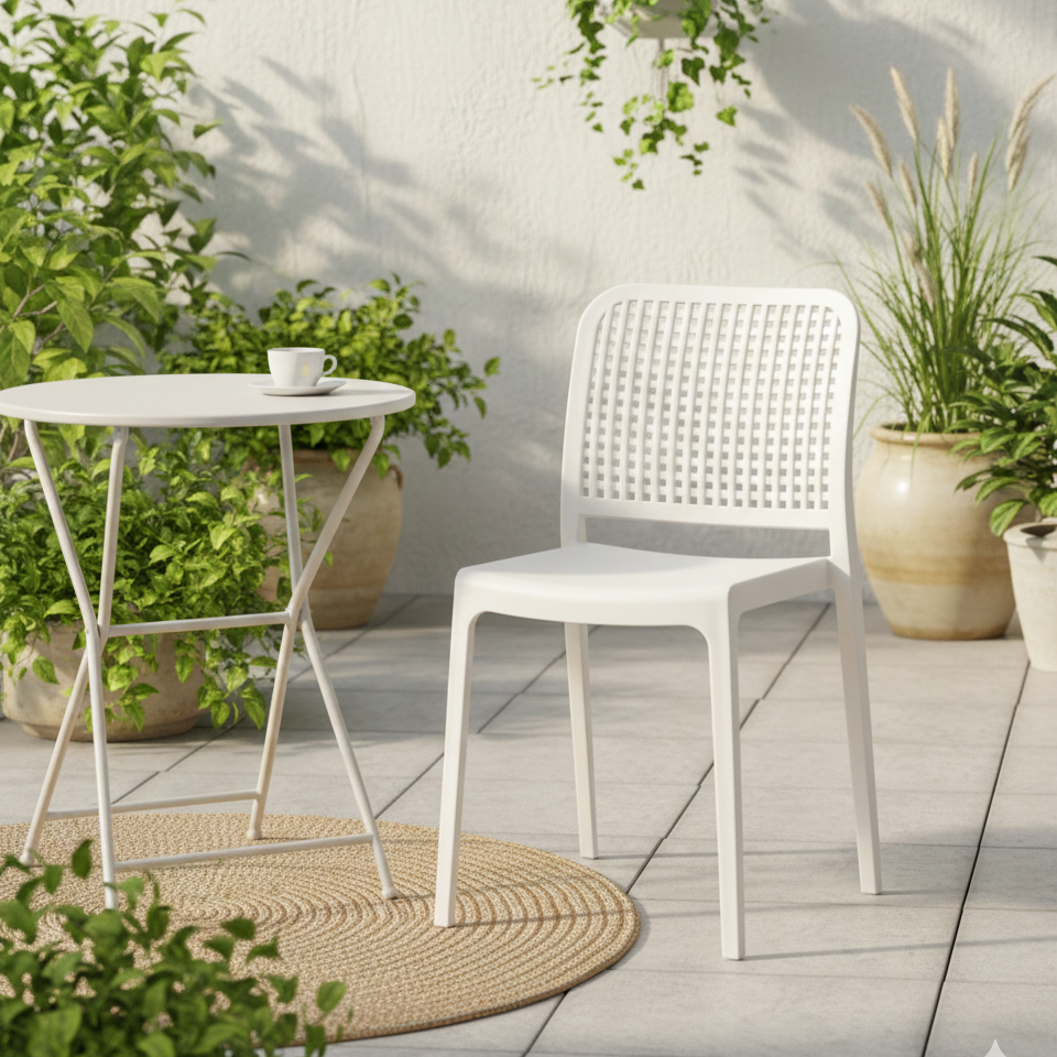 Silla Bronx, Blanco, Con espaldar en cuadrados y diseño minimalista