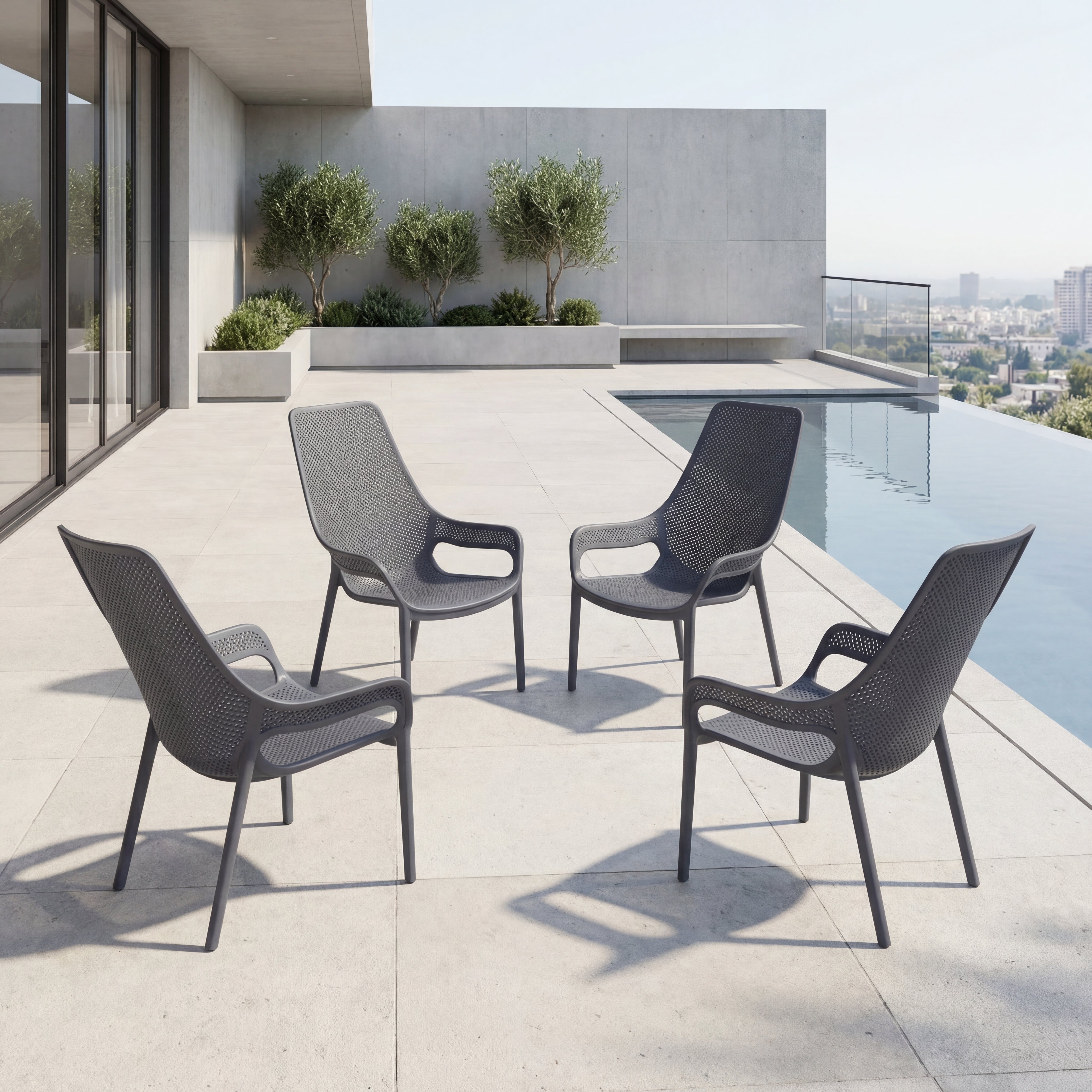 Silla Lounge Mayorca, Gris Oscuro, con espaldar y reposa brazos X4
