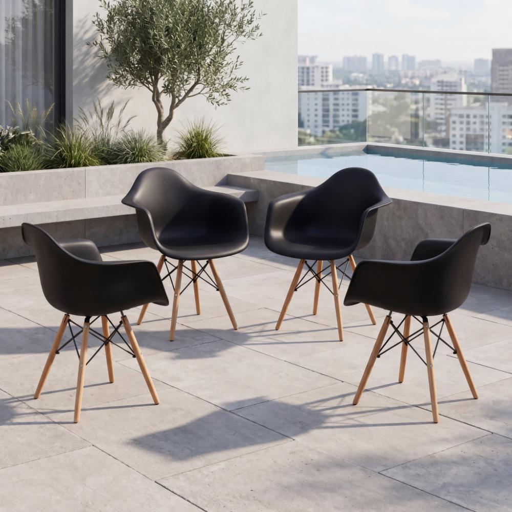 Set de 4 Sillas Eymos, Color Negro, con Espaldar y Patas en Madera