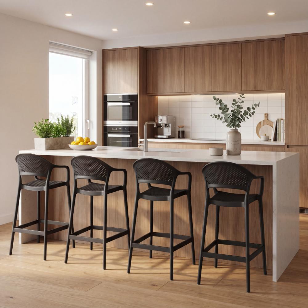 Silla para Bar Curitiva, Negro, Con espaldar traspirable y diseño Minimalista X4