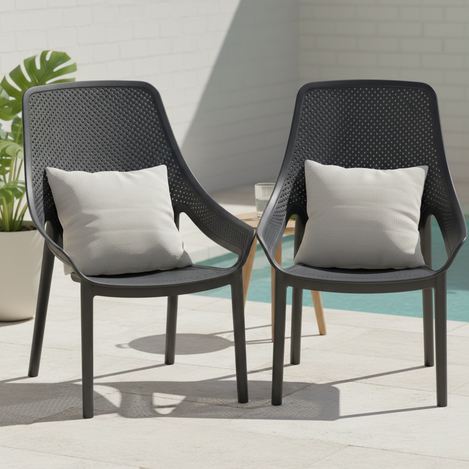 Silla Lounge Ibiza, Negro, con espaldar y reposa brazos X4