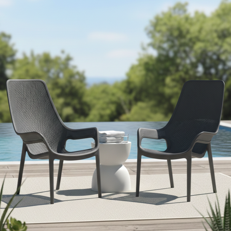 Silla Lounge Mayorca, Negro, con espaldar y reposa brazos