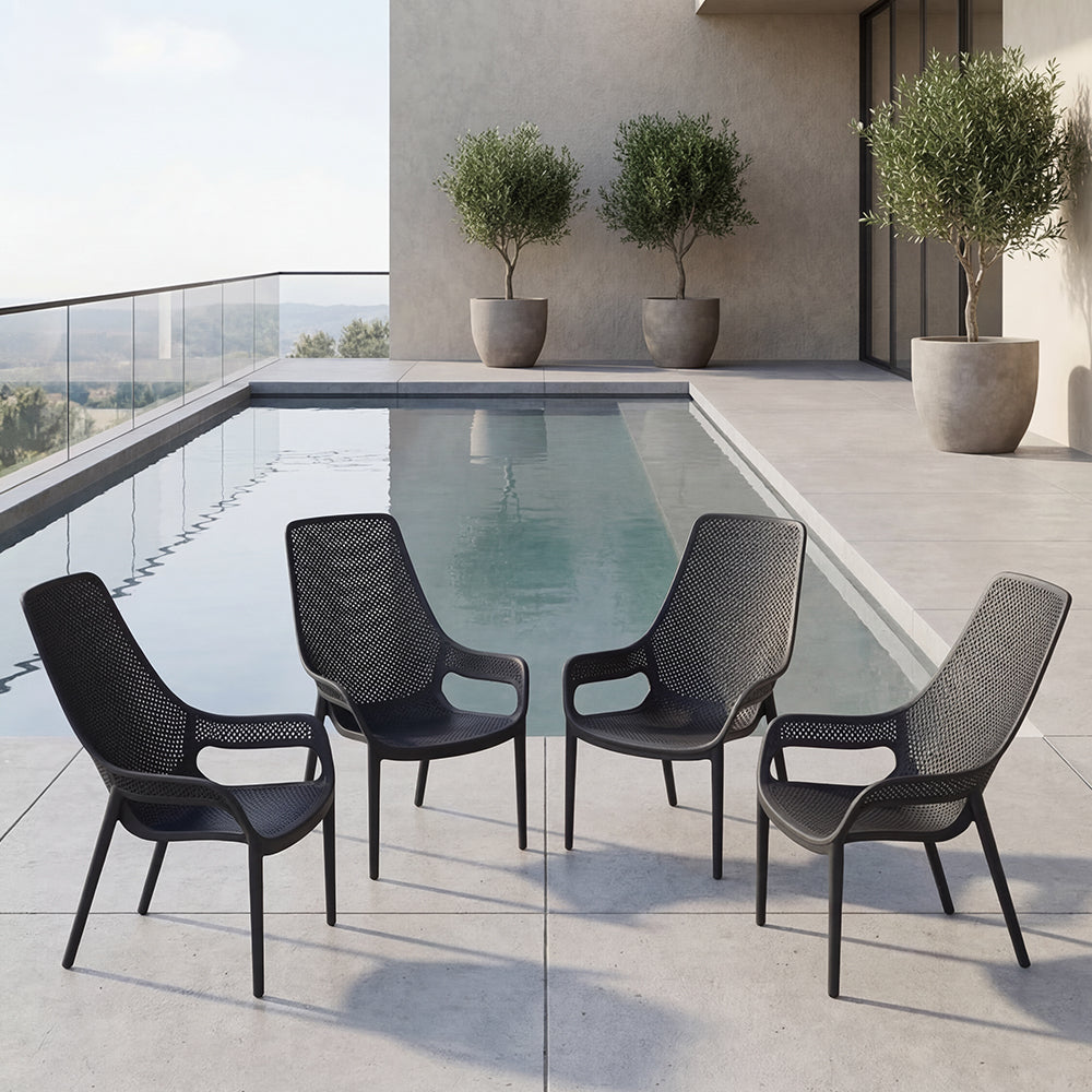 Silla Lounge Mayorca, Negro, con espaldar y reposa brazos X4