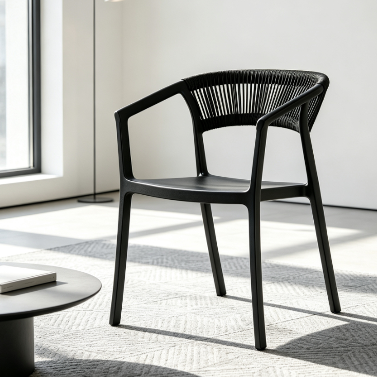 Silla Balí, Negro, con Espaldar en Cuerdas y Diseño Moderno