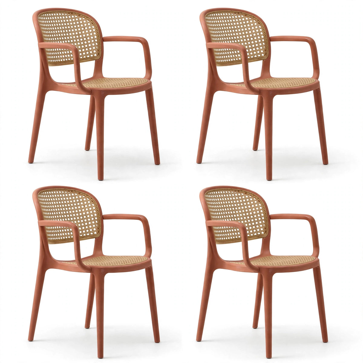 Set de 4 Sillas con Brazos Nest, Color Salmón y Beige, con Espaldar y Asiento en Rejilla