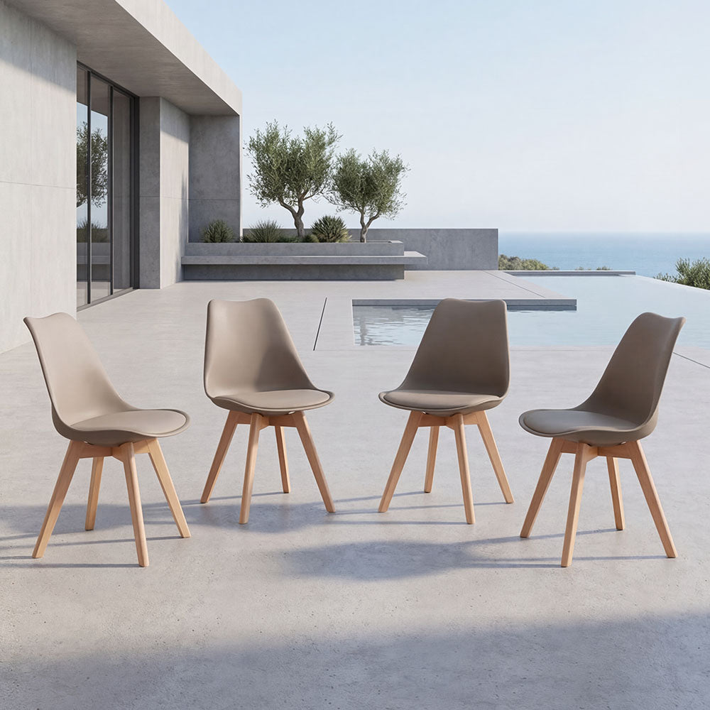 Set de 4 Sillas Fyn, Taupe, Diseño Minimalista con Espaldar, Cojín y Patas de Madera