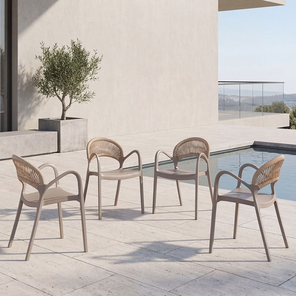 Set de 4 Sillas Daytona, Taupe y Café Claro, con Espaldar, Reposa Brazos y Diseño Minimalista