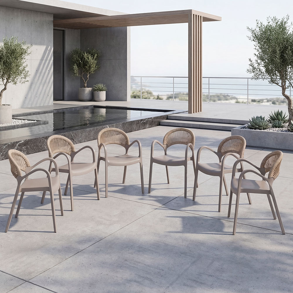 Set de 6 Sillas Daytona, Taupe y Café Claro, con Espaldar, Reposa Brazos y Diseño Minimalista