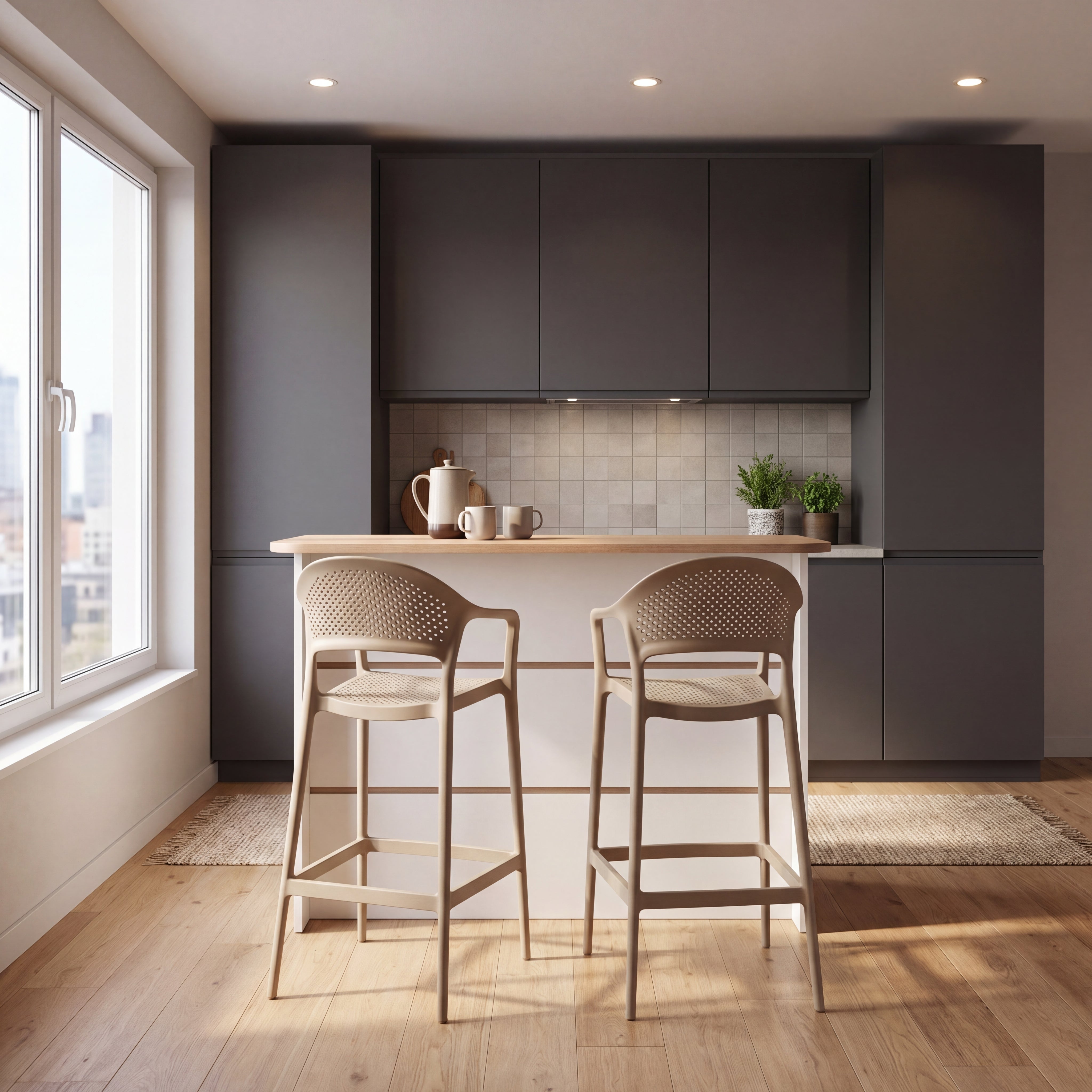 Silla para Bar Curitiva, Taupe, Con espaldar traspirable y diseño Minimalista X2