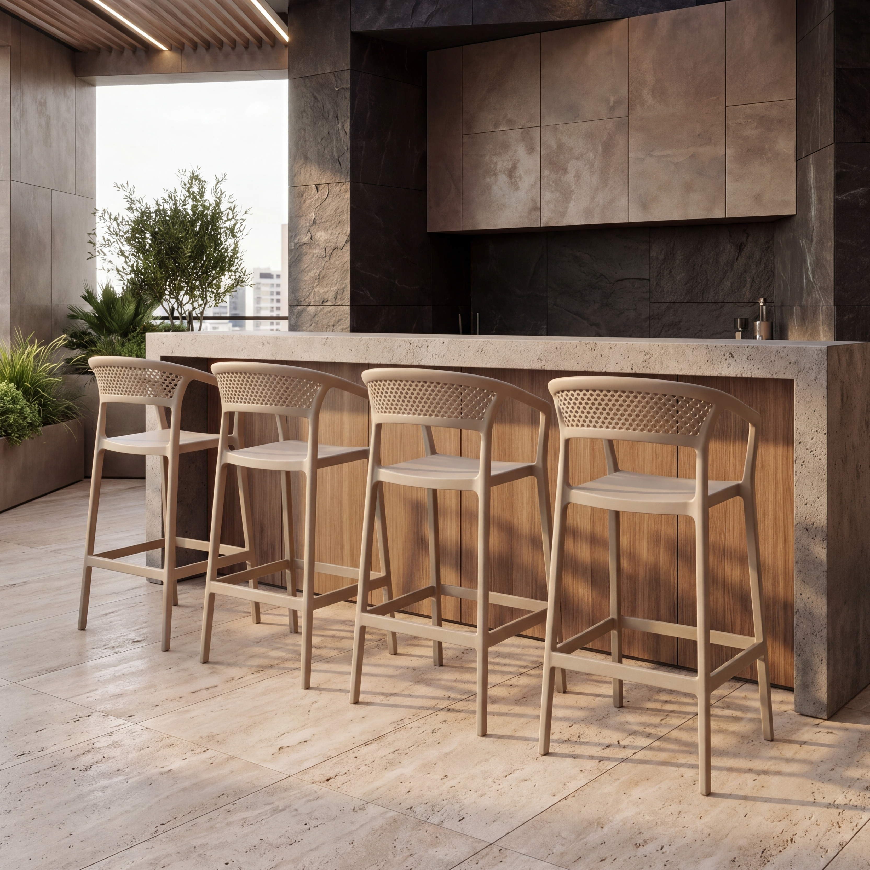 Silla para Bar Salvador, Taupe, Con espaldar en malla y diseño Moderno X4