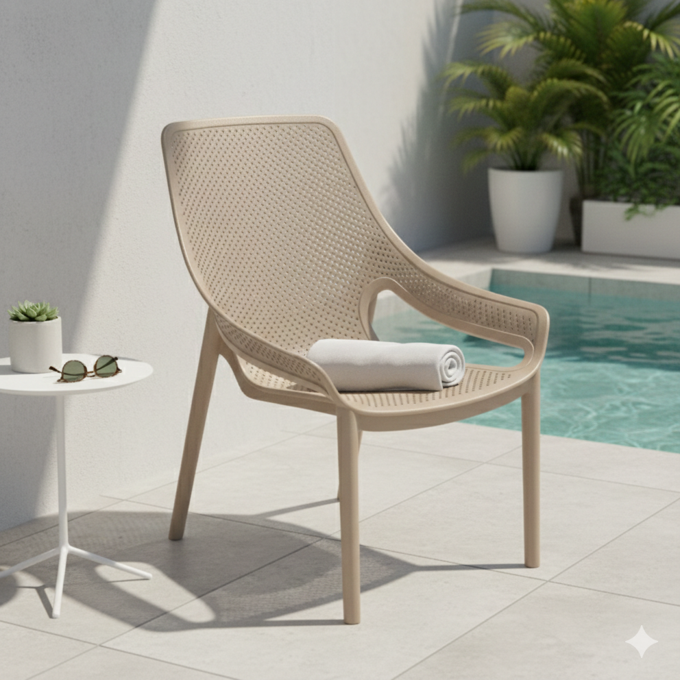 Silla Lounge Ibiza, Taupe, con Espaldar y Reposa Brazos