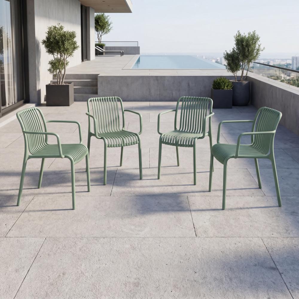 Set de 4 Sillas Terra con Brazos, Color Verde Olivo, con Espaldar