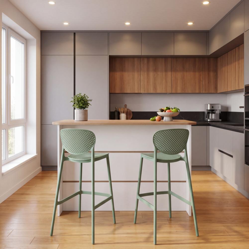 Silla para Bar Rio, Color Verde Olivo, Diseño Moderno X2