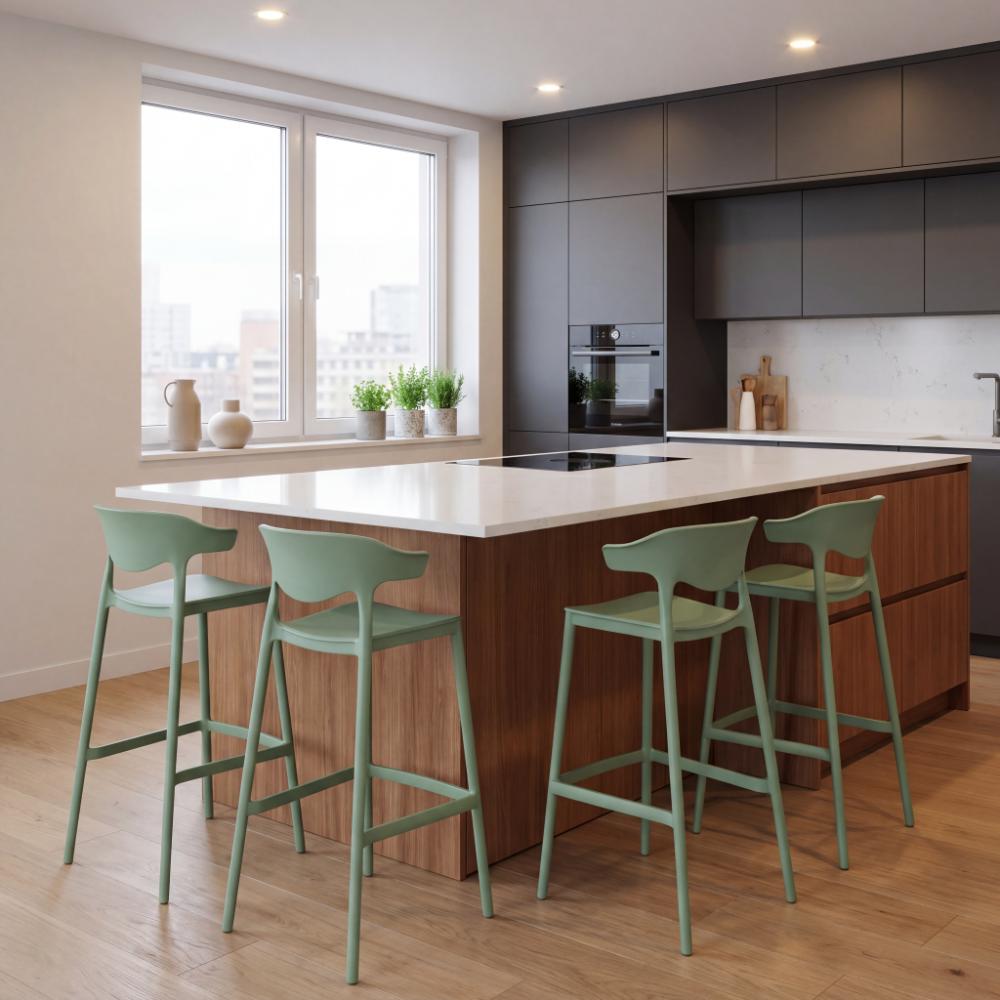 Silla para Bar Elena, Color Verde Oliva, Diseño Moderno X4