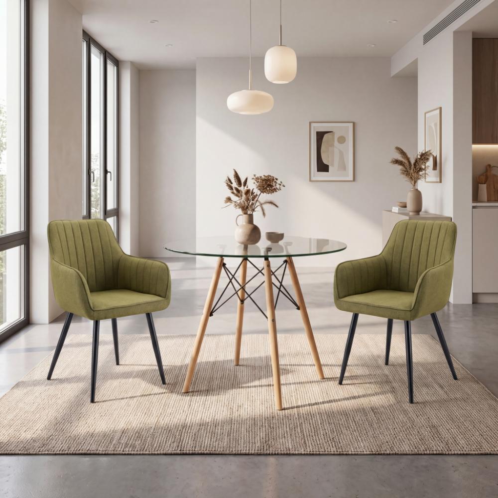 Combo para Sala Prisma, Incluye Mesa Redonda de Vidrio y 2 Sillas