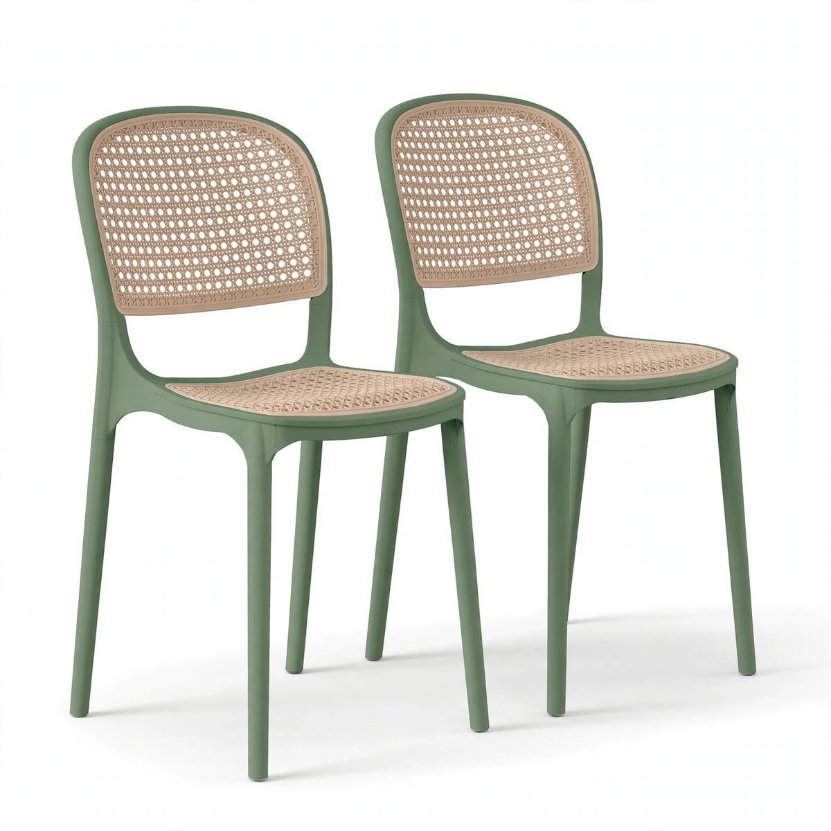 Set de 2 Sillas Nest, Verde Olivo y Beige, con Espaldar y Asiento en Rejilla