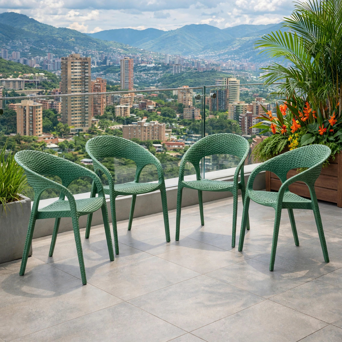 Set de 4 Sillas Axel, Verde Olivo, con Espaldar, Reposa Brazos y con Textura Trenzada