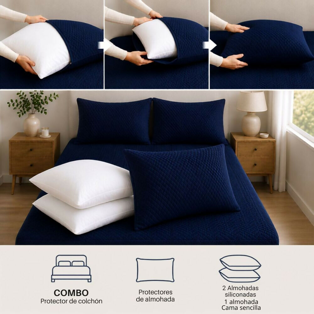 Combo protector colchon + 2 almohadas siliconadas king azul