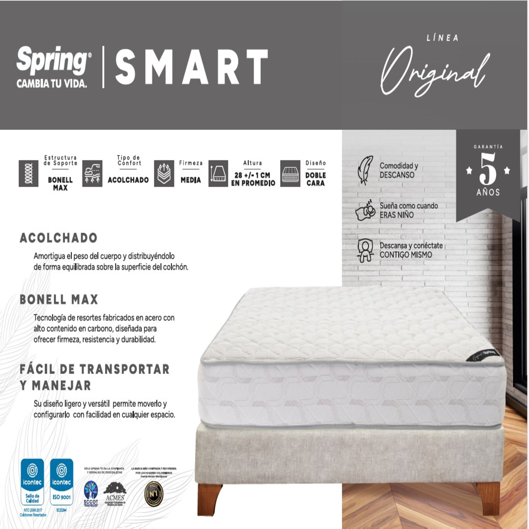 Combo Colchón Spring Smart Doble 140X190 Cm + Base Cama Negra + Almohadas + Protector