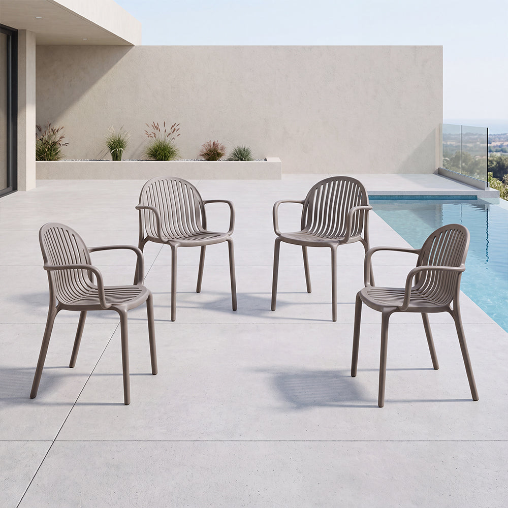 Set de 4 Sillas Marruecos con Brazos, Taupe, con Espaldar en Rayas y Diseño Minimalista