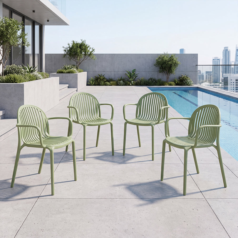 Set de 4 Sillas Marruecos con Brazos, Verde Olivo, con Espaldar en Rayas y Diseño Minimalista
