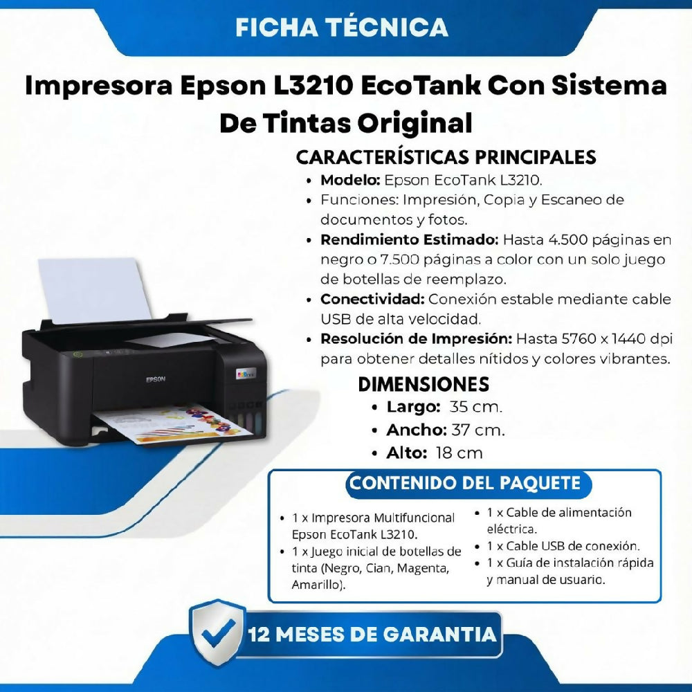 Impresora Epson L3210 EcoTank Con Sistema De Tintas Original