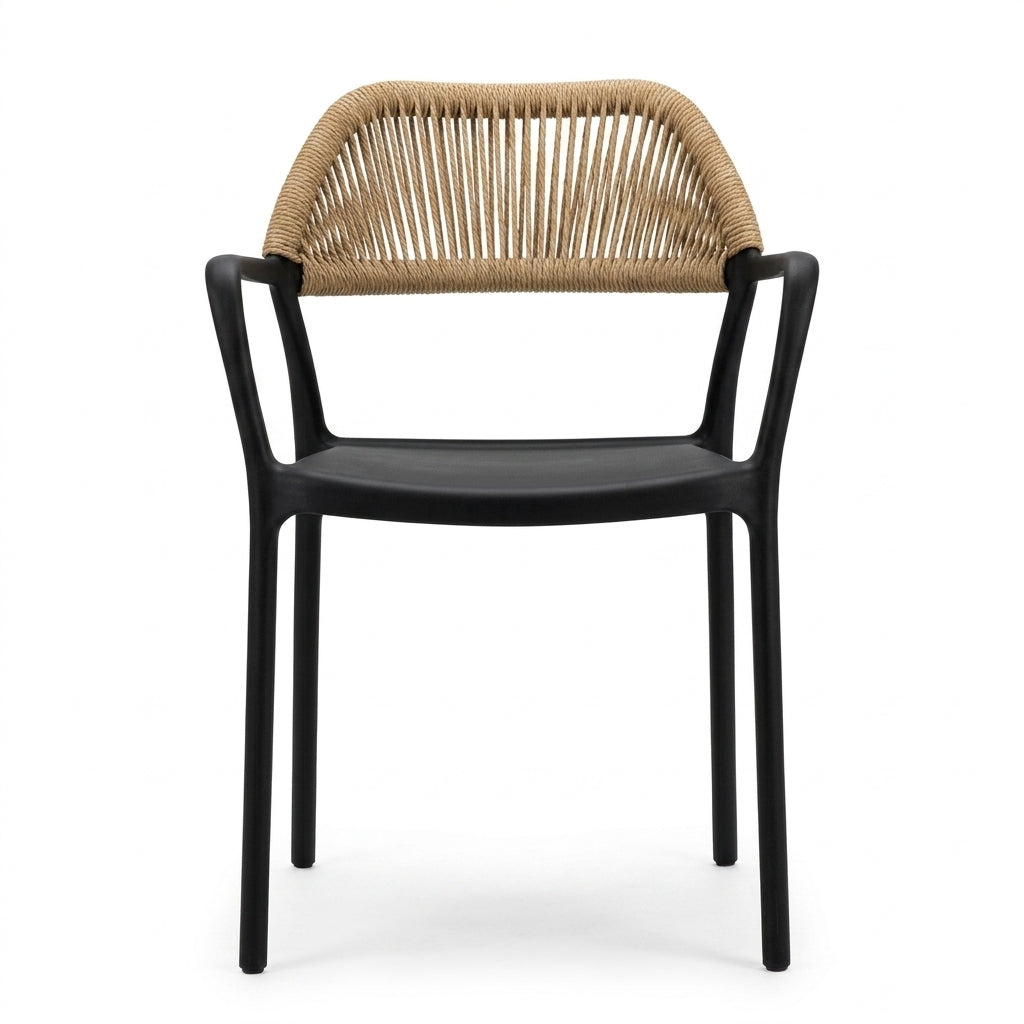 Silla con Brazos Bombay, Negro y Beige, con Espaldar en Cuerdas y Diseño Moderno