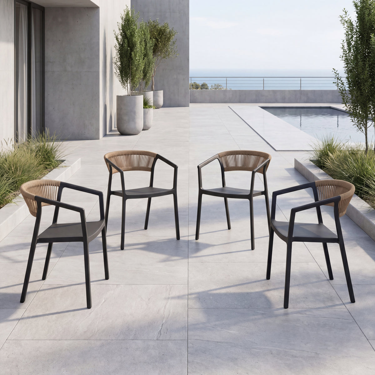 Set de 4 Sillas Balí, Negro, con Espaldar en Cuerdas y Diseño Moderno