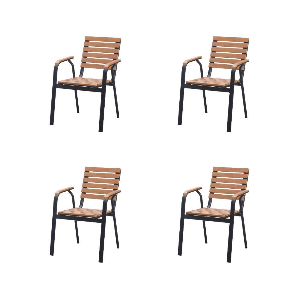 Sillas Comedor Exterior Rapel, Negro y Roble, con Cómodo Espaldar x4