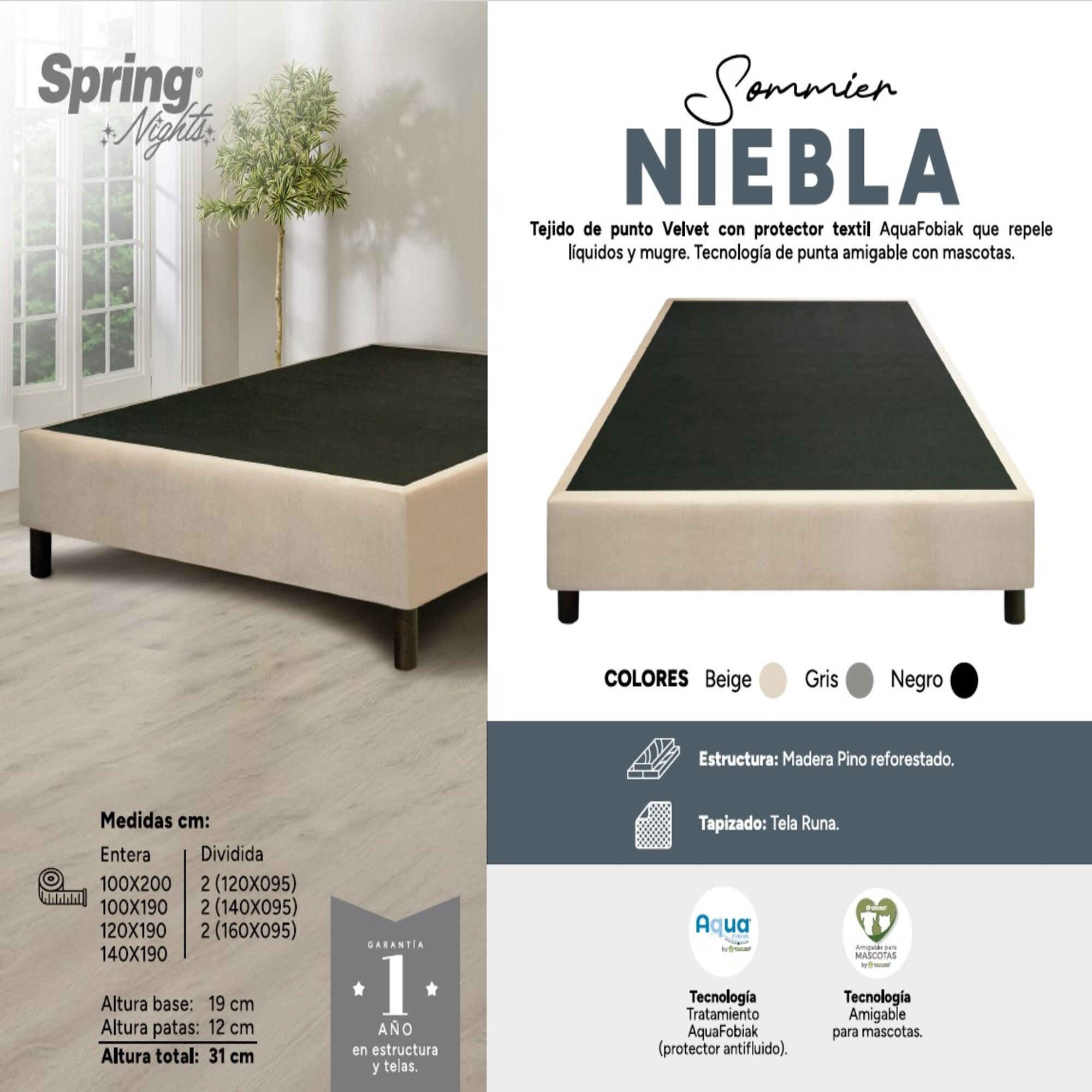 Base Cama Spring Niebla Gris 100X190