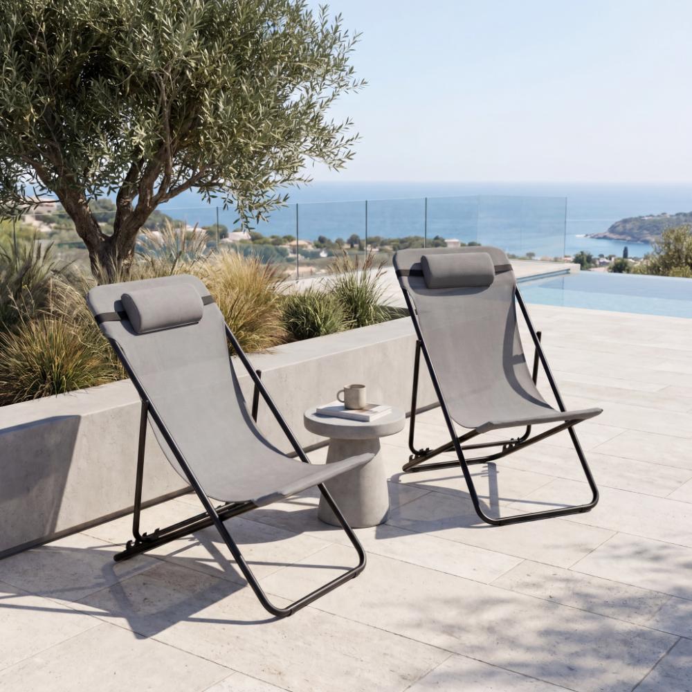 Set de 2 Sillas Plegable Reclinable Zambia, Gris Oscuro, con Tres Posiciones