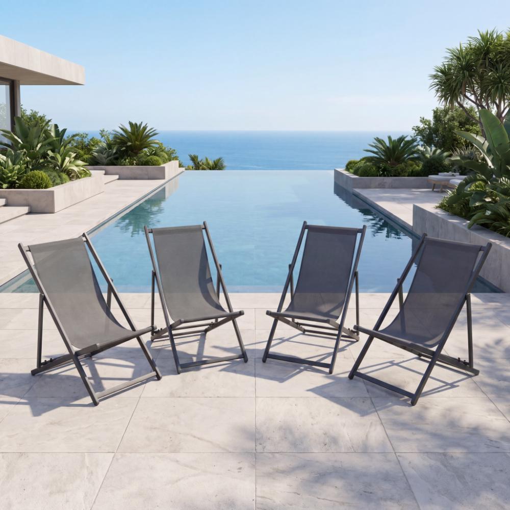 Set de 4 Sillas Plegable Reclinable Kenya, Gris Oscuro, con Tres Posiciones