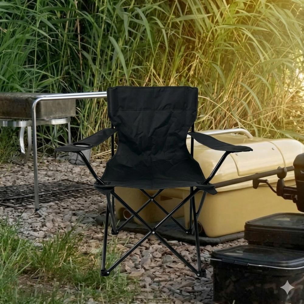 Silla Plegable Camping Tanzania, Negro, Con Portavasos