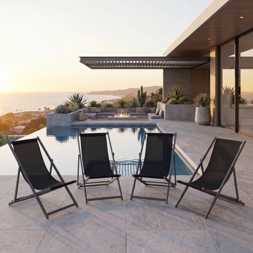 Set de 4 Sillas Plegable Reclinable Kenya, Negro, con Tres Posiciones
