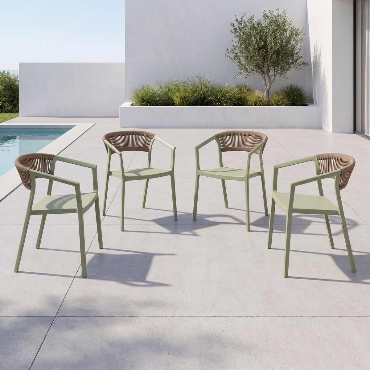 Set de 4 Sillas Balí, Verde, con Espaldar en Cuerdas y Diseño Moderno