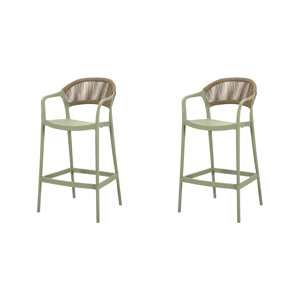 Silla para Bar Bali, Verde, Con espaldar en cuerdas y diseño Moderno X2