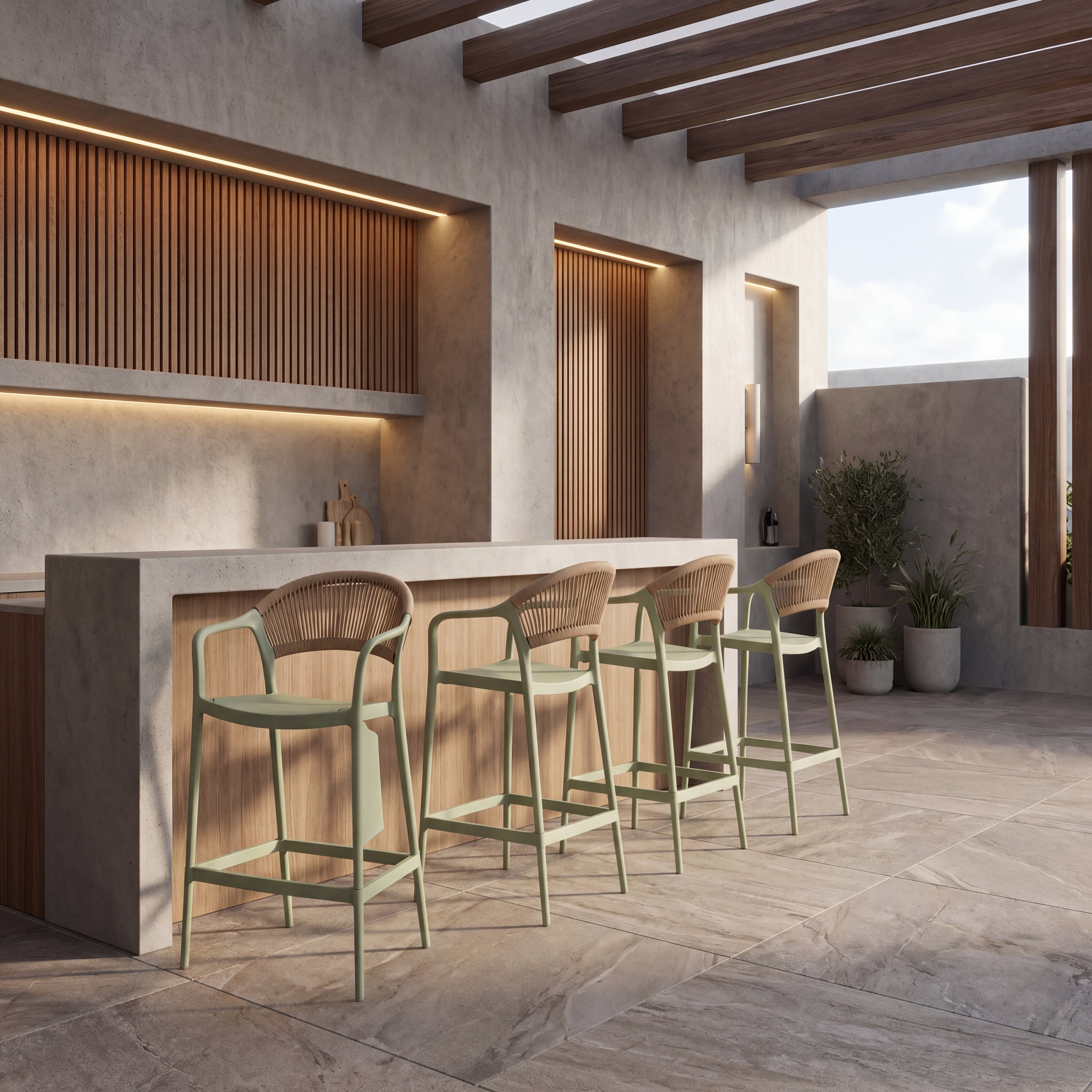 Silla para Bar Bali, Verde, Con espaldar en cuerdas y diseño Moderno X4