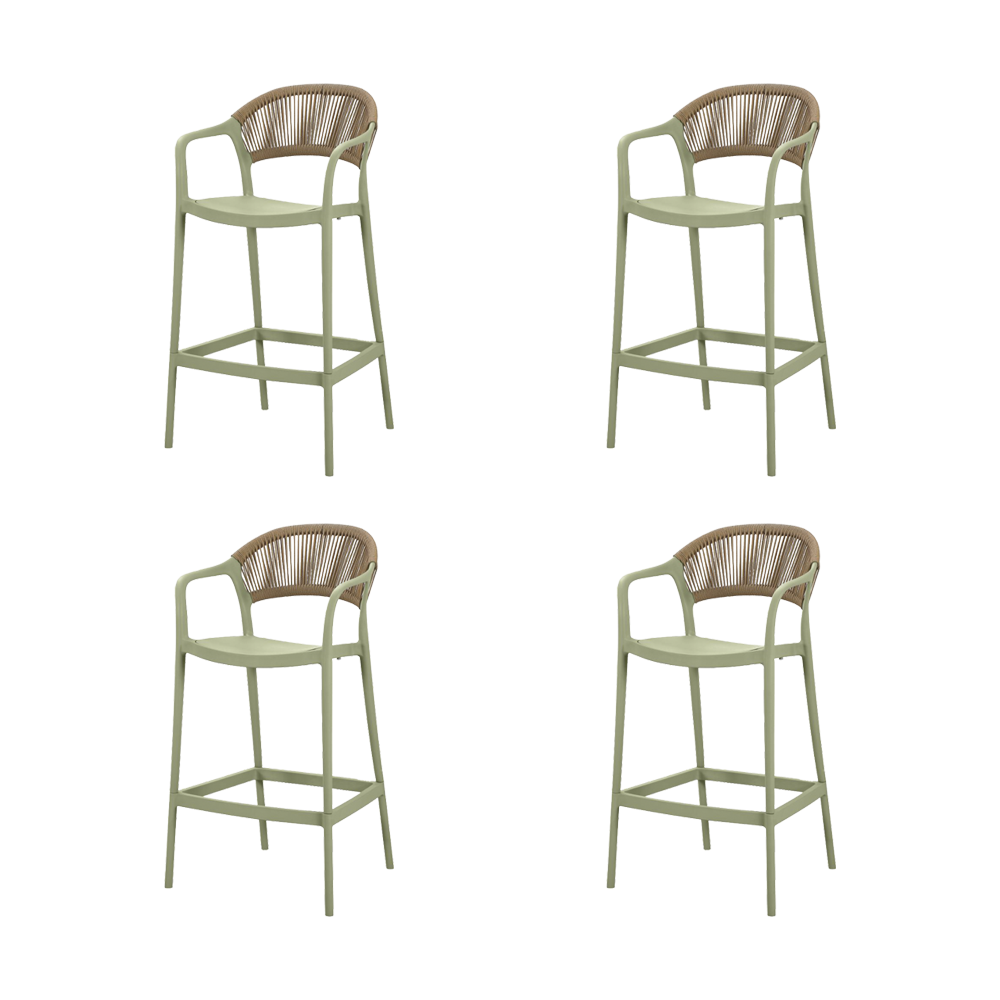 Silla para Bar Bali, Verde, Con espaldar en cuerdas y diseño Moderno X4