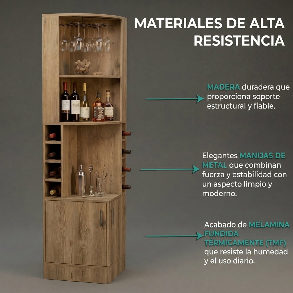 Bar Esquinero Celeste, Macadamia, con Dos Puertas y Espacio Porta Copas