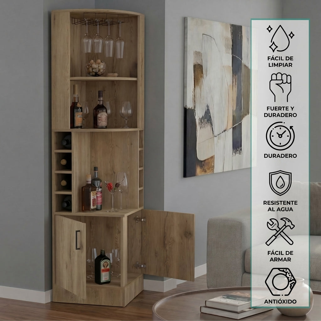 Bar Esquinero Celeste, Macadamia, con Dos Puertas y Espacio Porta Copas