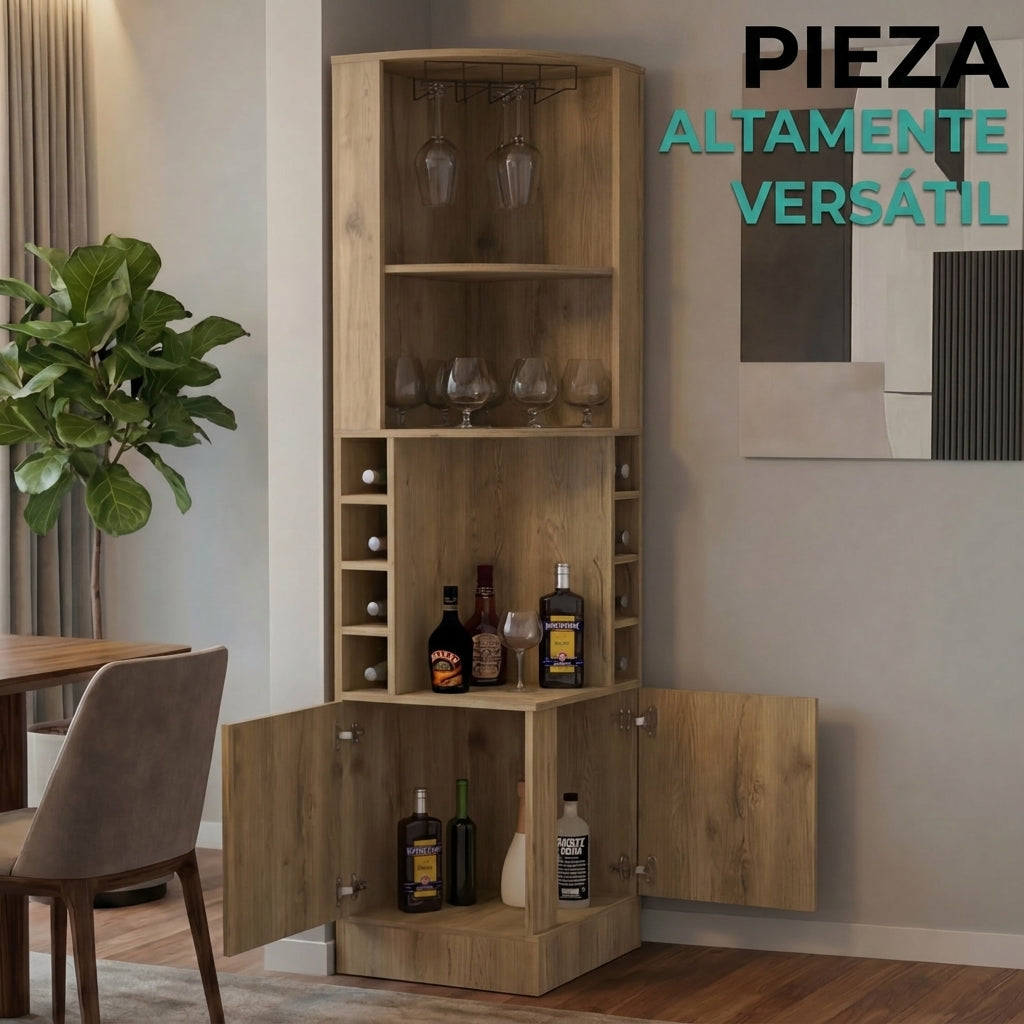 Bar Esquinero Celeste, Macadamia, con Dos Puertas y Espacio Porta Copas