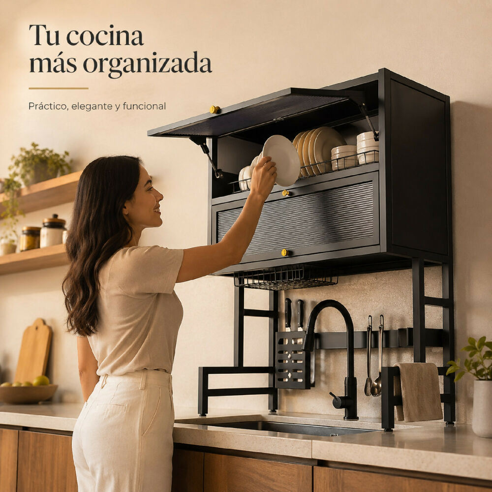 Escurridor De Platos De 2 Niveles Con Tapa Gabinete Organizador De Loza Para Cocina Y Drenaje Directo