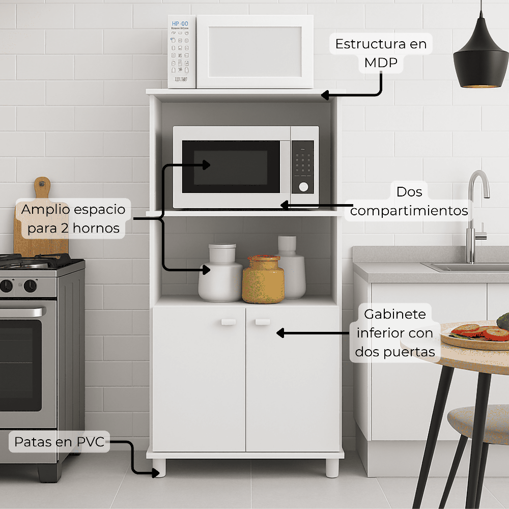 Mueble Auxiliar De Cocina Victoria, Blanco, con dos entrepaños y gabinete con dos puertas.