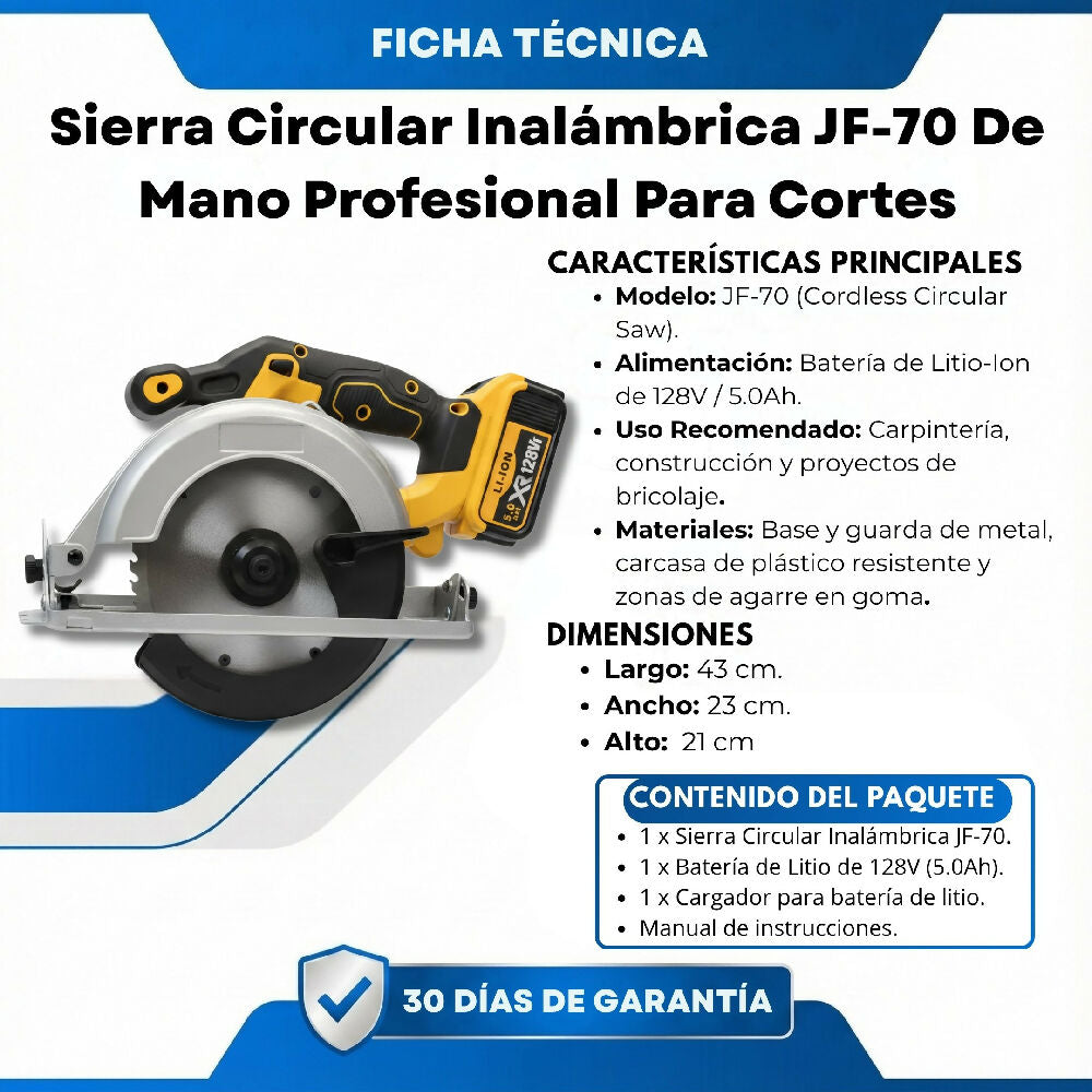 Sierra Circular Inalámbrica JF-70 De Mano Profesional Para Cortes