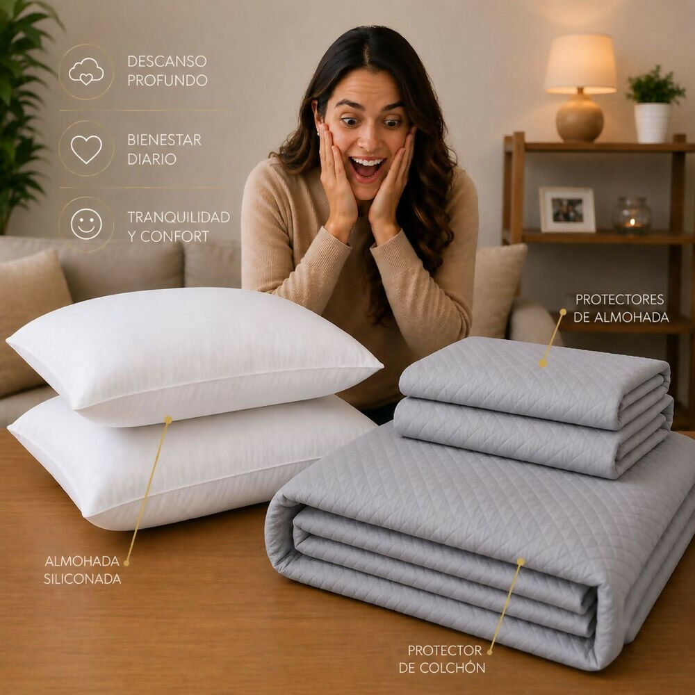 Combo protector colchon + 2 almohadas siliconadas queen gris