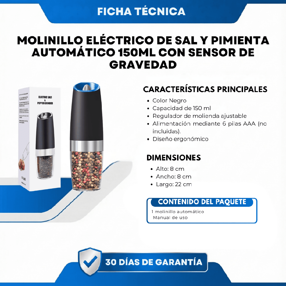 Molinillo Eléctrico De Sal Y Pimienta Automático 150ml Con Sensor De Gravedad