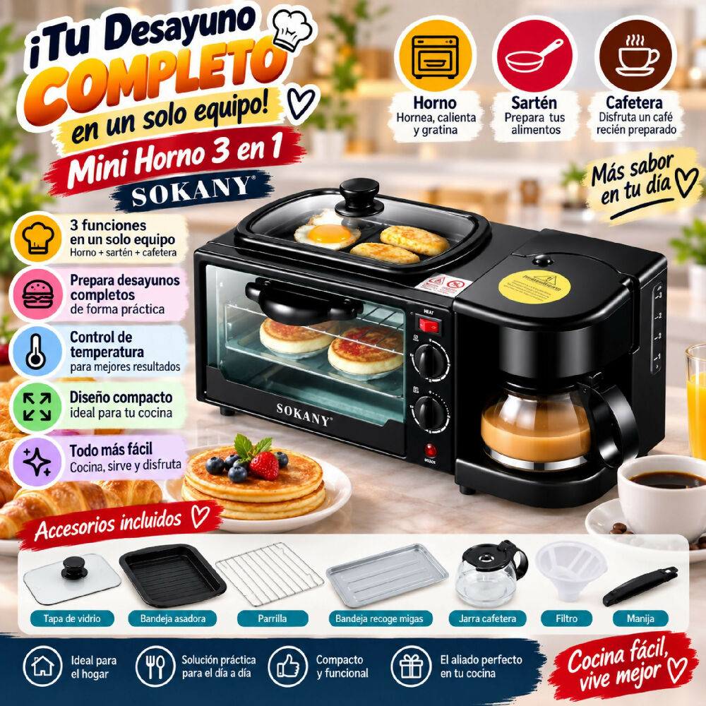 Mini Horno Eléctrico 3 En 1 Sokany Estación De Desayuno Con Horno, Cafetera Y Plancha