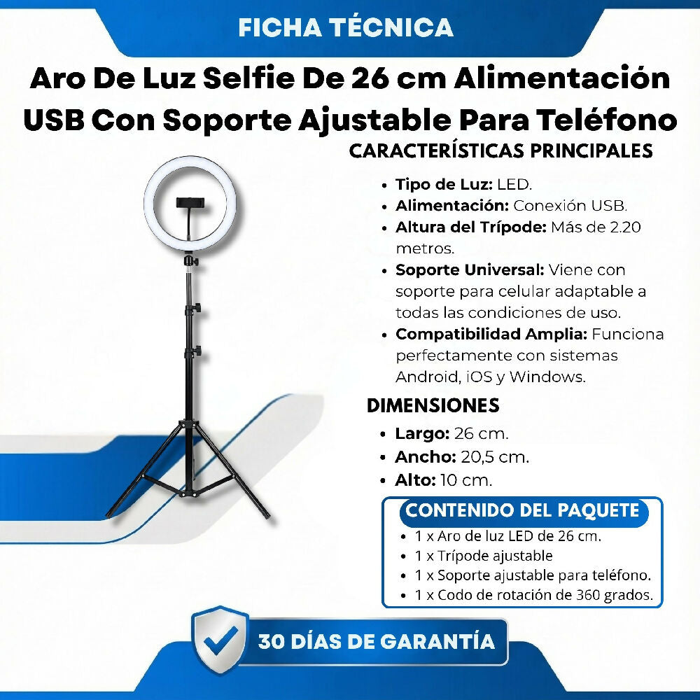 Aro De Luz Selfie De 26Cm Alimentación USB Con Soporte Ajustable Para Teléfono
