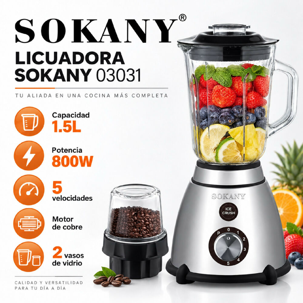 Licuadora Vaso De Alimentos Sokany 2 En 1 SK-03031 Alta Potencia Bebida 1,5L