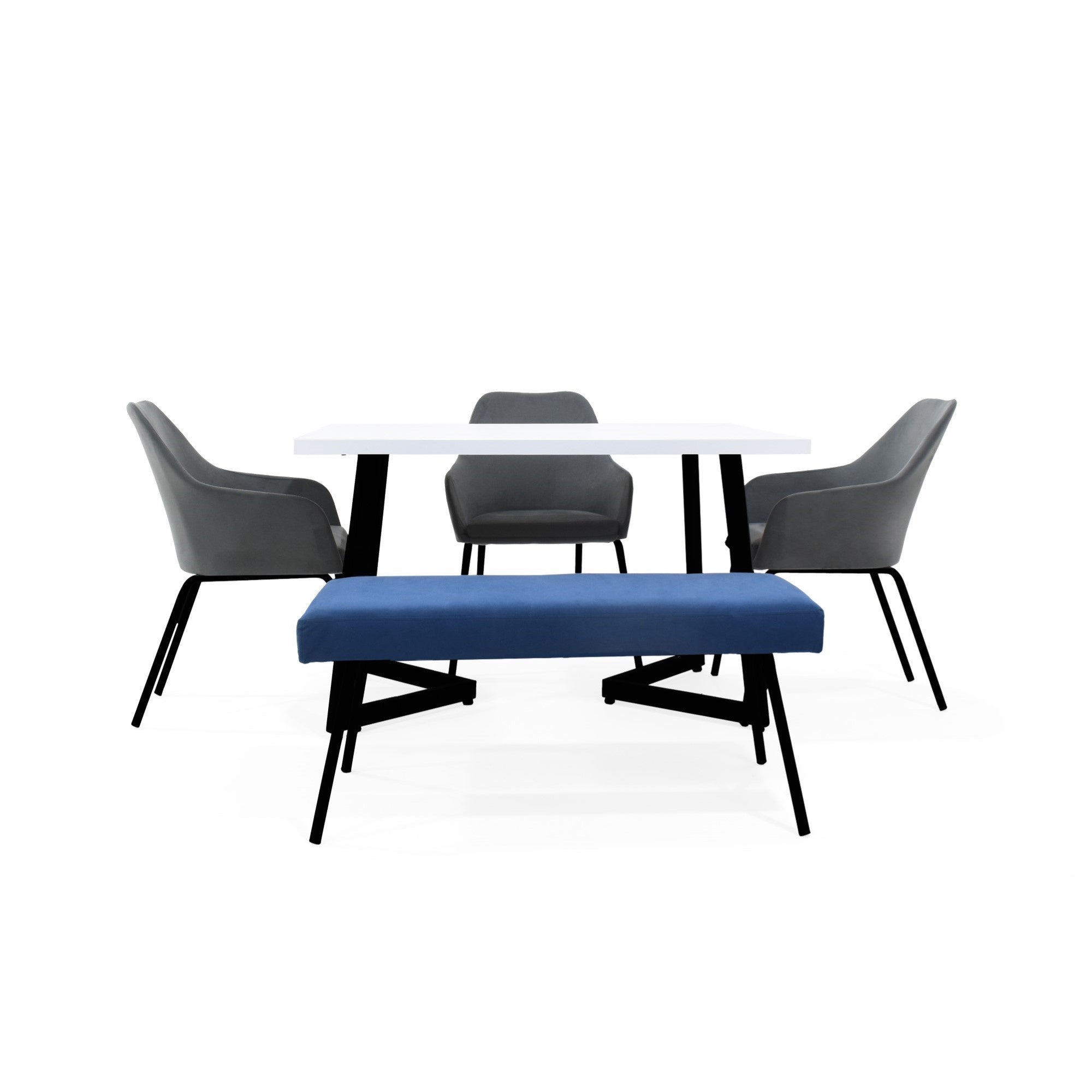 Comedor Rio 4 Puestos Sillas Mendoza y Butaco Tela Gris Azul